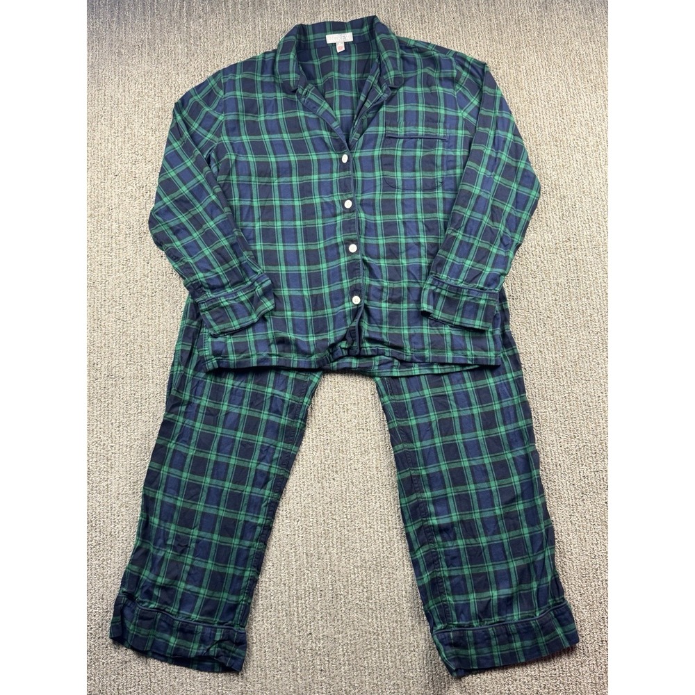 J Crew Womens M Flannel Pajama Pant Set Long Sleeve Tartan Plaid Blue Green